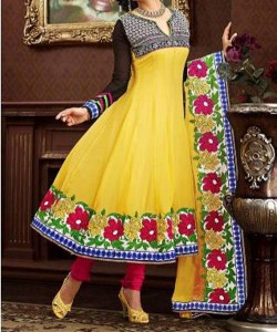 Yellow Latest Anarkali Frocks Dresses Designs 2014 2015 India Pakistan Bangladesh Fashion Trends Churidar Pajama