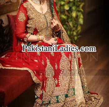 Latest Bridal Lehenga in Red and Green Combination 2014 2015