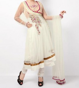 Beautiful Latest Fashion 2015 of Angrakha Style Anarkali Frock Suits Churidar in India Pakistan White