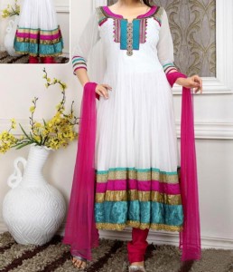 Stylish Pink White Indian Models Net Anarkali Frock Suits 2015 Designs for Party and Wedding