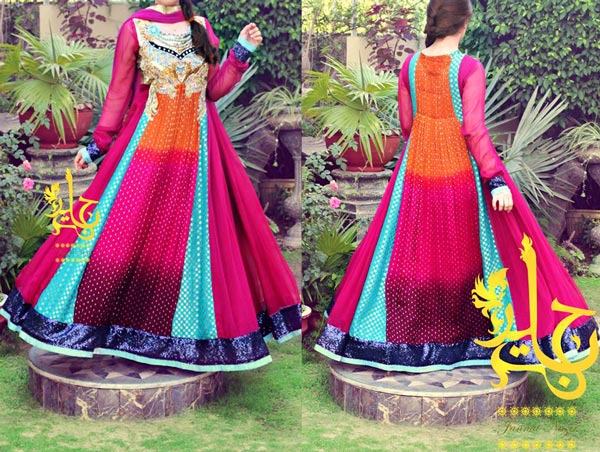 Multiple Color Panel Frocks Designs 2015 or Colorful Dresses Fashion India Pakistan Jannat Nazir