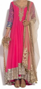 Pink Fancy Kalidar Frock Suits Manish Malhotra 2015 Designs Peach and Sky Blue Color Blocked Kurta