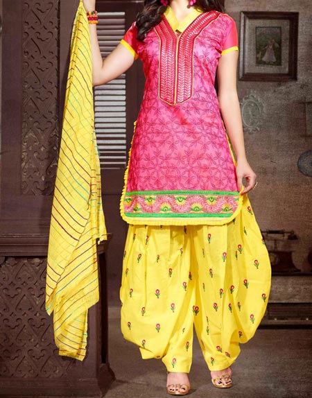 Beautiful Neck Design Patiyala Dress Suit Patiala 2023 Punjabi Salwar Kameez Yellow Pink