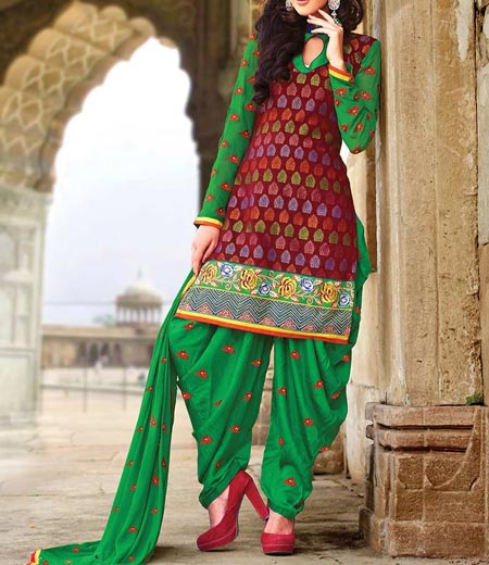 Neck Design Patiyala Dress Suit Patiala 2016 Punjabi Salwar Kameez pleasant-maroon-green-cotton-patiala-suit