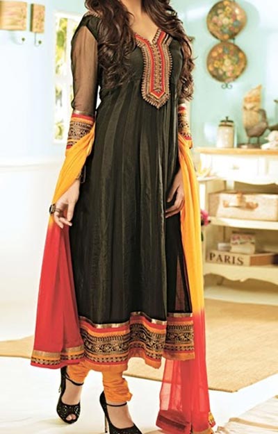 Anarkali Frocks Suit 2016 2017 Designs Fashion in India Pakistan Black Orange