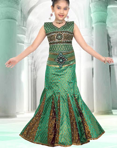 green-color Latest Sharara and Gharara Designs For Kids 2016 2017 Ghagra Choli