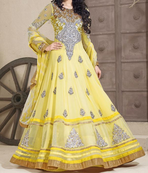 yellow Latest Gowns Floor Length Anarkali Frocks Suits Indian Actress Dress 2017 2018