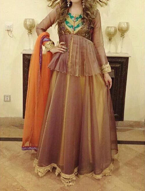 Net Dresses Designs 2017 2018, Net Frocks Gown, Shalwar Kameez Brown 1